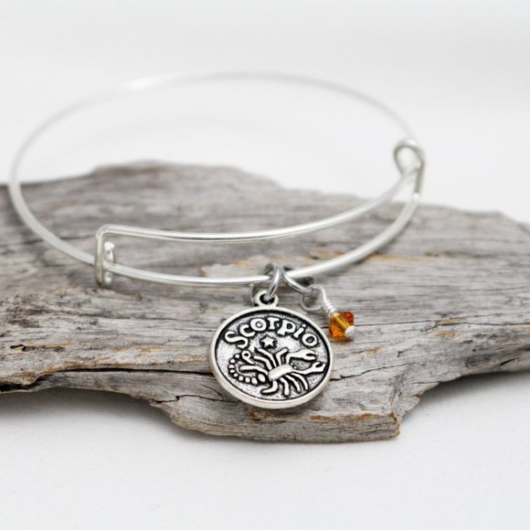 November Scorpio Adjustable Charm Bangle - Handmade Zodiac Bracelet - Picture 1 of 12